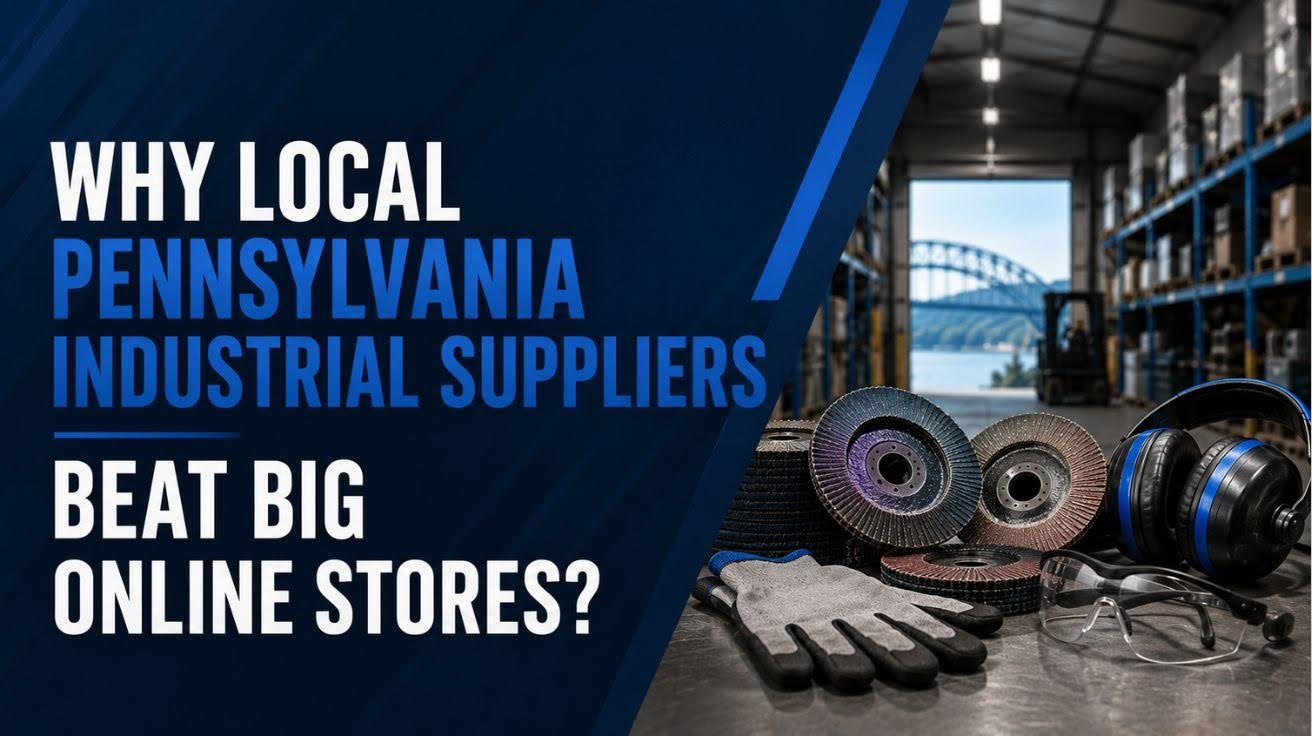Industrial flap discs and safety gear in a warehouse with text reading “Why Local Pennsylvania Industrial Suppliers Beat Big Online Stores?